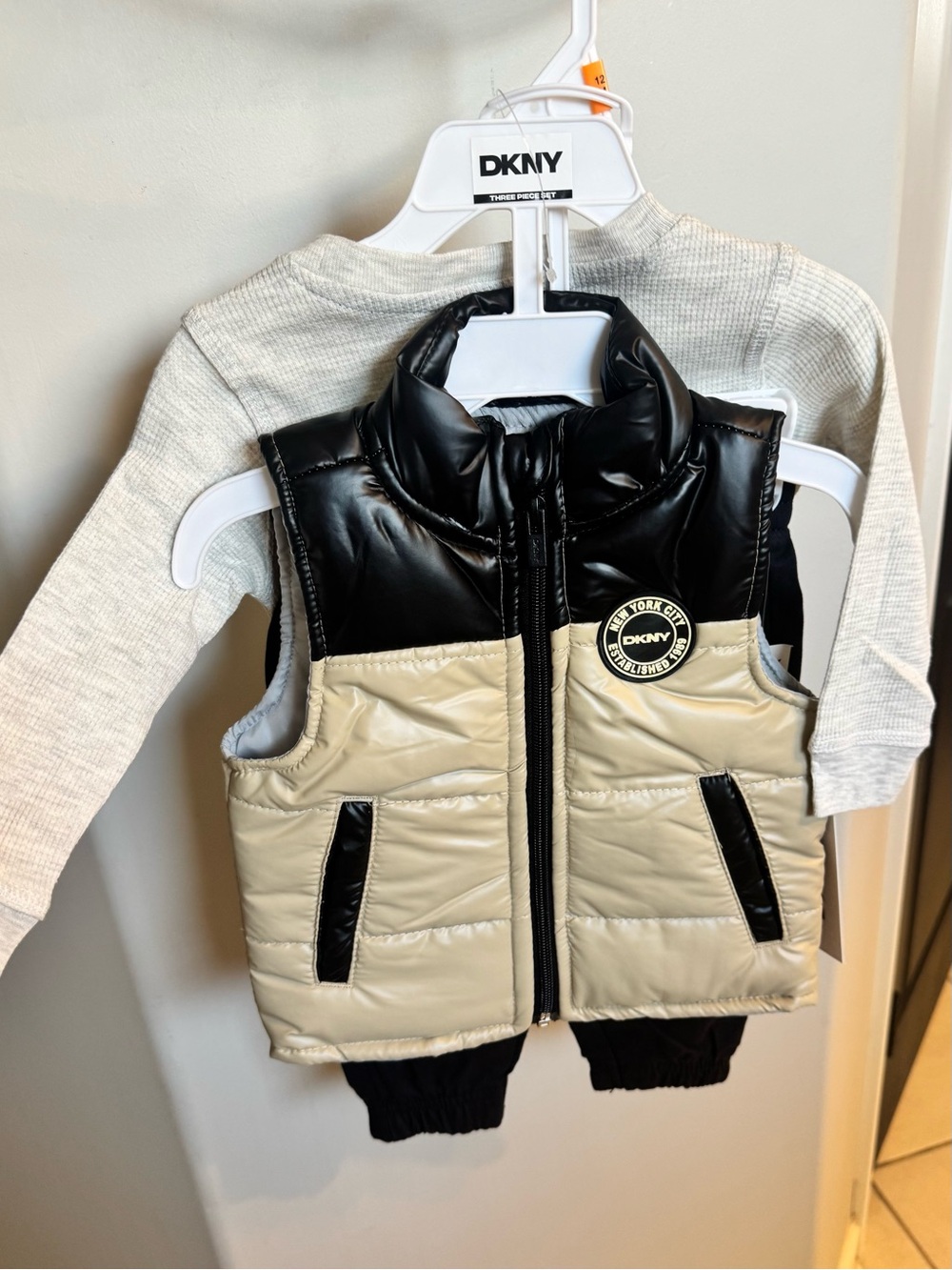 DKNY 3-Piece Baby Puffer Vest with Gray Shirt & Black Joggers